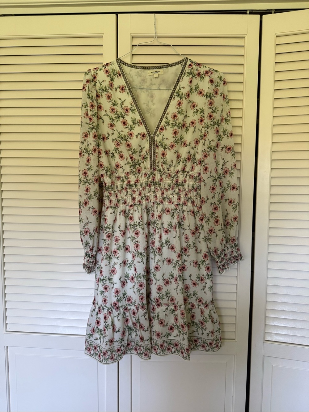 Max Studio Cream Floral Long Sleeve Dress with Pink & Green Print
